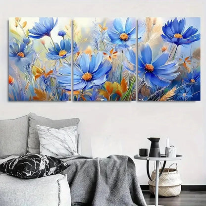 3pcs Blue and Orange Vibrant Wildflower Metal Print Ready to Hang Art
