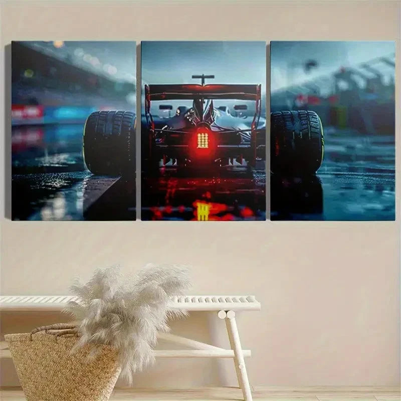 3pcs Dynamic Racing Car with Red Tire marks Metal Print Ready to Hang Art