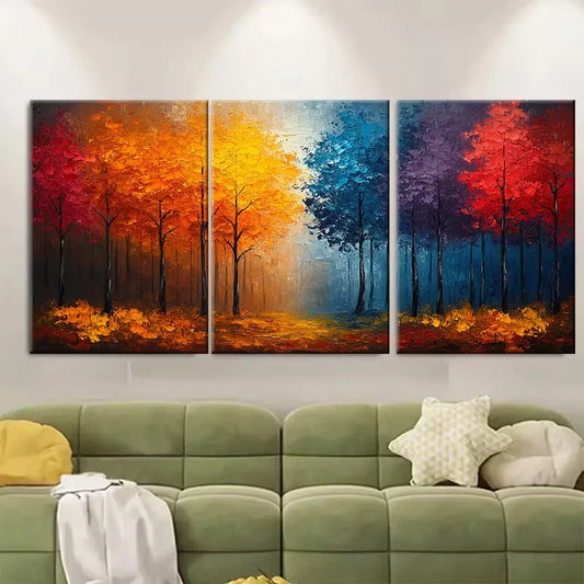 3pcs Abstract Colorful Autumn Forest Oil Painting Metal Print Ready to Hang Art