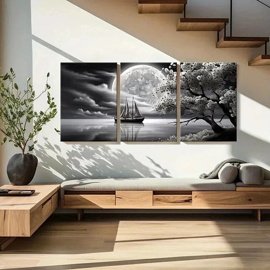 3pcs Boat River Moon Cherry Blossoms Wall Art Set Canvas Framed 40x60cm - High Quality Print 100% Australian Made Wall Canvas Ready to Hang