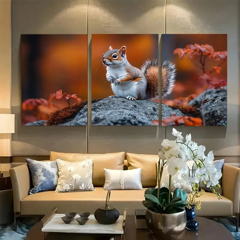 3pcs Autumn Squirrel on Mossy Rock Metal Print Ready to Hang Art