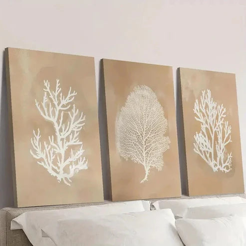 3pcs Beige Coral Art, Seaweed Botanical Painting Wall Art Canvas Unframed - High Quality Print 100% Australian Made Wall Canvas