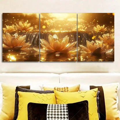 3pcs Stunning Golden Waterfall Design Metal Print Ready to Hang Art