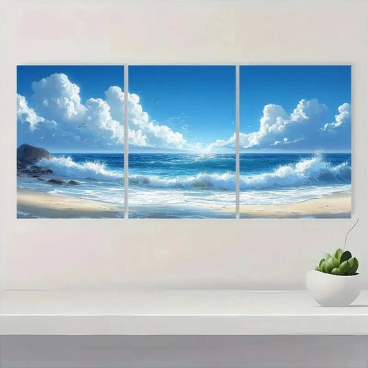 3pcs Vintage Beach Ocean Scene Blue Sky & Waves Metal Print Ready to Hang Art