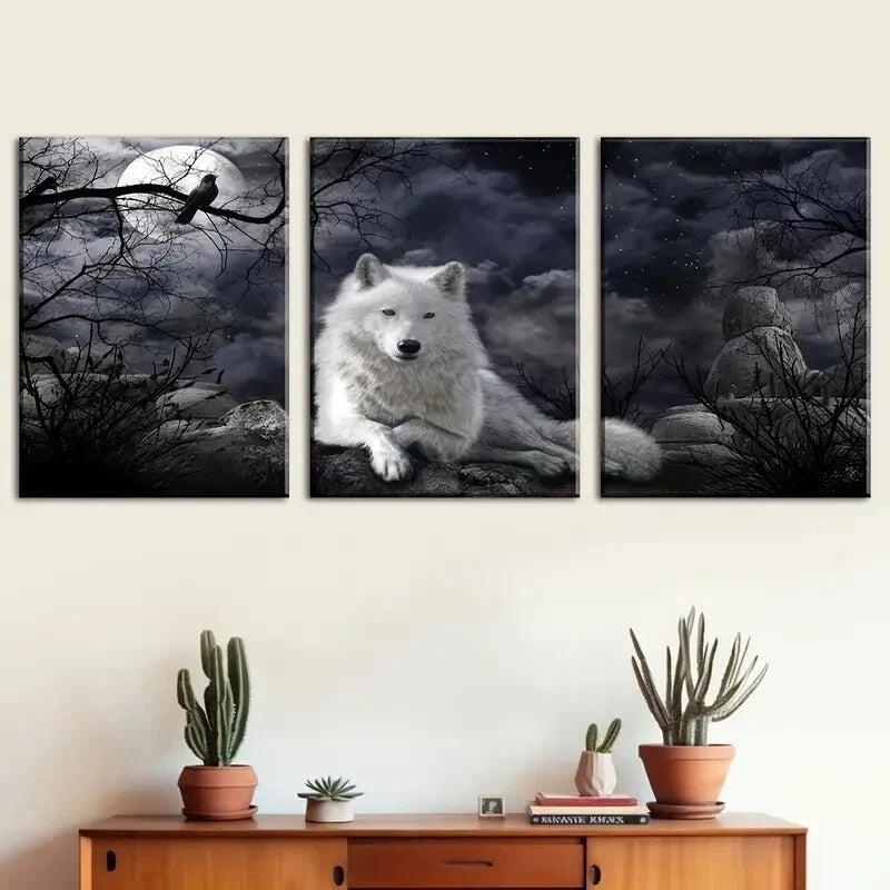 3pcs Moonlit Night Wolf King with Raven Metal Print Ready to Hang Art