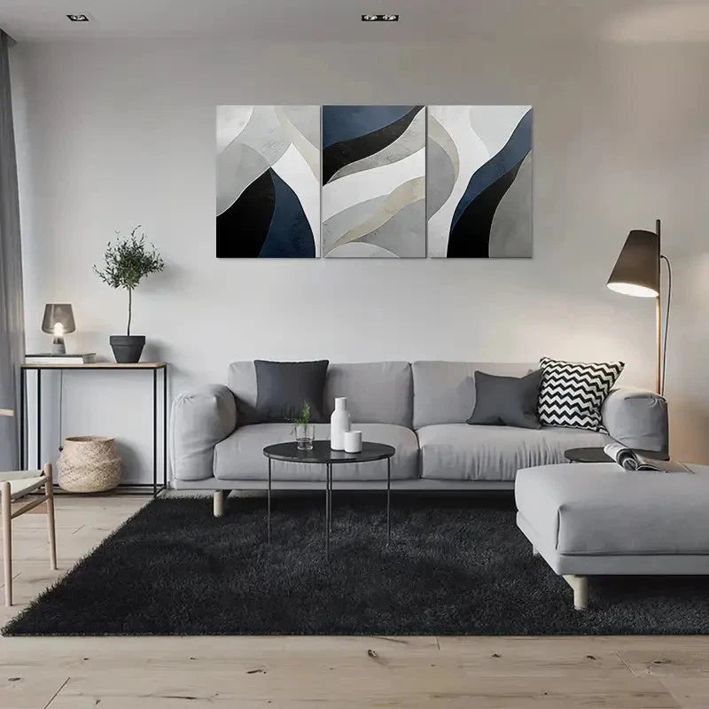 3pcs Modern Abstract Geometric Blue & Beige Metal Print Ready to Hang Art