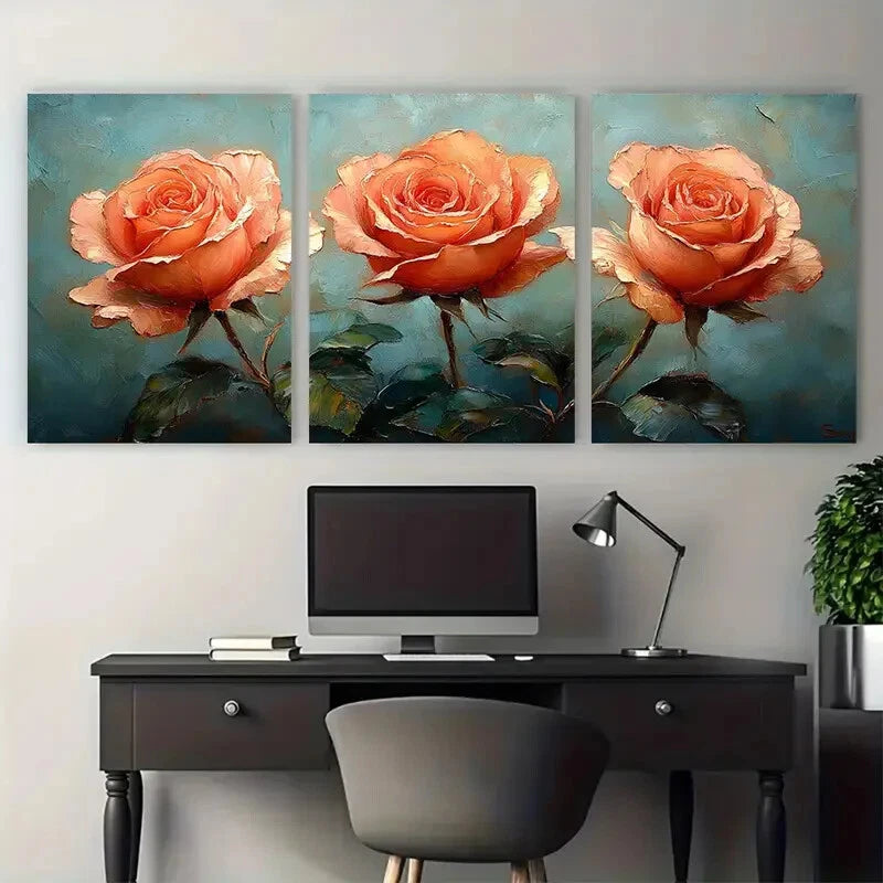 3pcs Rose Flowers Botanical Impasto Design Metal Print Ready to Hang Art