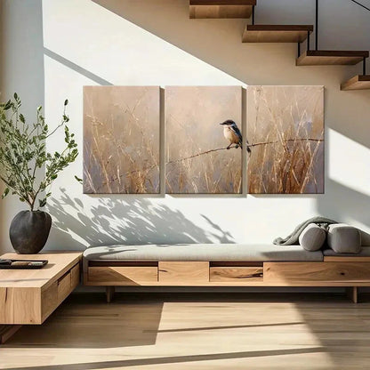 3pcs Artistic Bird Perched On Branch Warm Tones Metal Print Ready to Hang Art