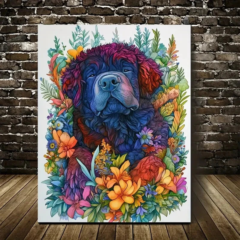 Cute Tibetan Mastiff Dog with Vibrant Floral  40x60cm Metal Print Ready to Hang