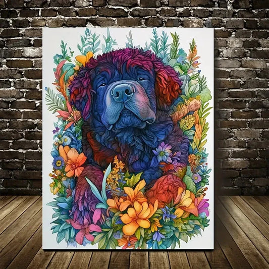 Cute Tibetan Mastiff Dog with Vibrant Floral  40x60cm Metal Print Ready to Hang