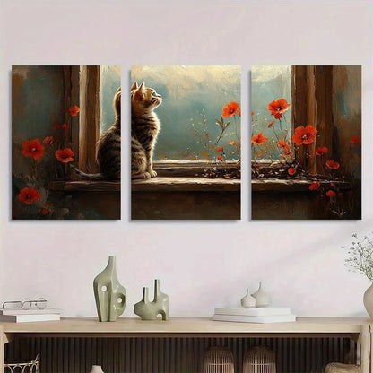 3pcs Charming Cat Window Vibrant Red Poppies Metal Print Ready to Hang Art