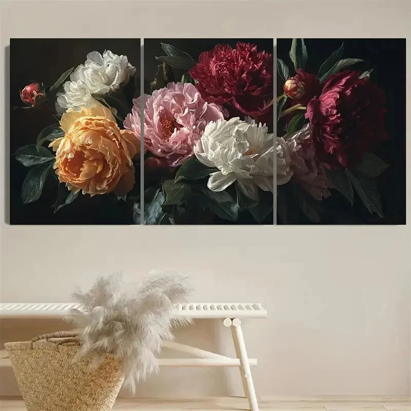 3pcs Rustic Vintage Moody Peonies Floral Art Wall Art Set Canvas Framed 50x70cm - High Quality Print 100% Australian Made Wall Canvas Ready to Hang