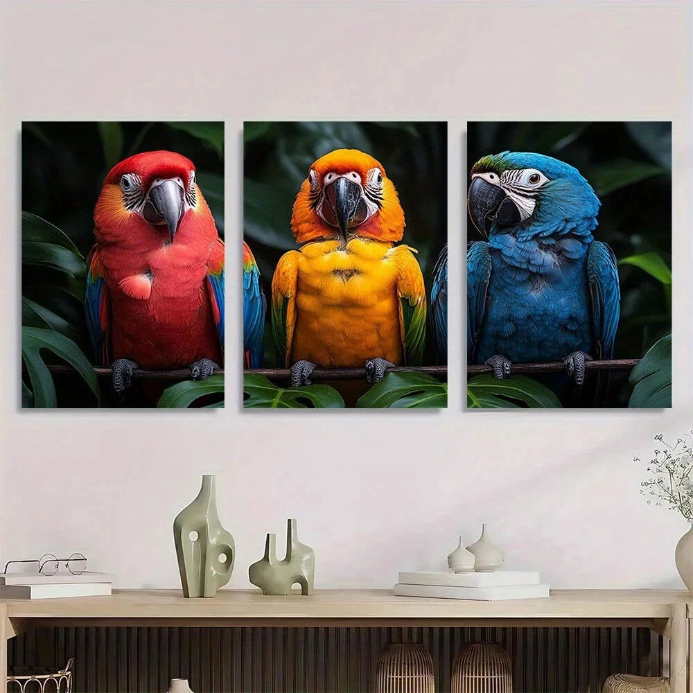 3pcs Vibrant Trio of Parrots Foliage Backg Metal Print Ready to Hang Art
