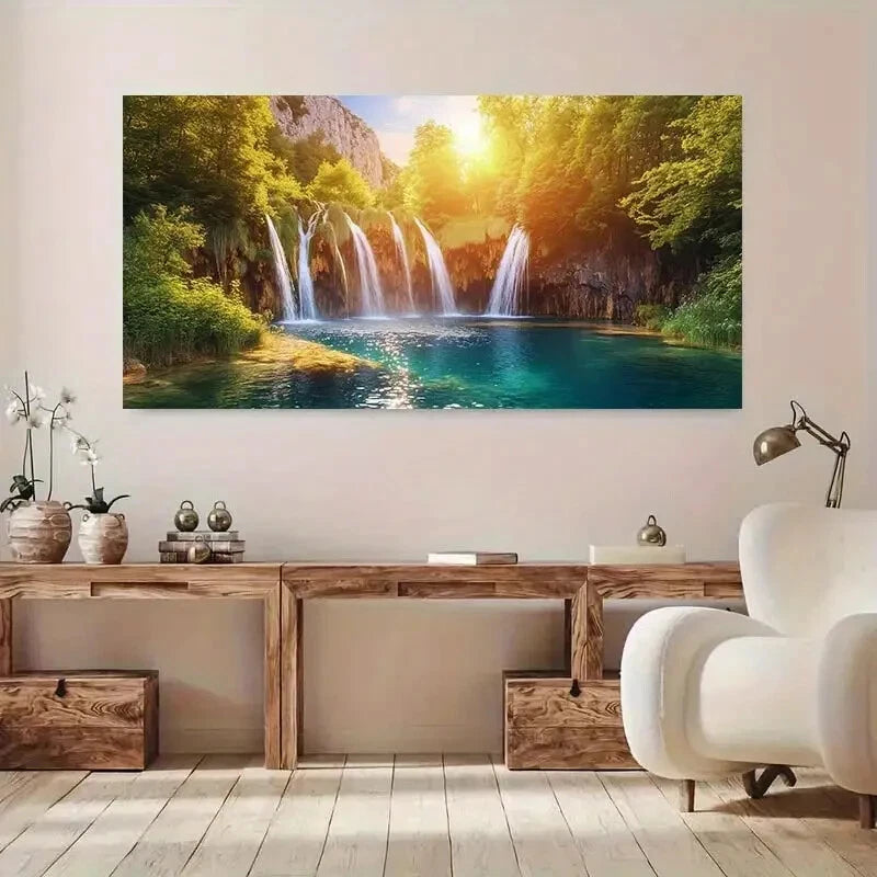 Waterfall & sunlit forest wall canvas office home room framed 120x60cm - Bella Home Decor