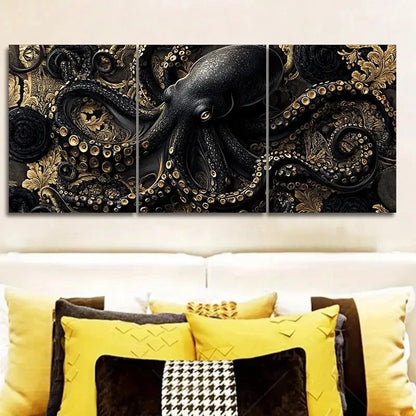 3pcs An Ornate Black And Gold Octopus Painting Wall Art Set Canvas Framed 50x70cm - High Quality Print 100% Australian Made Wall Canvas Ready to Hang