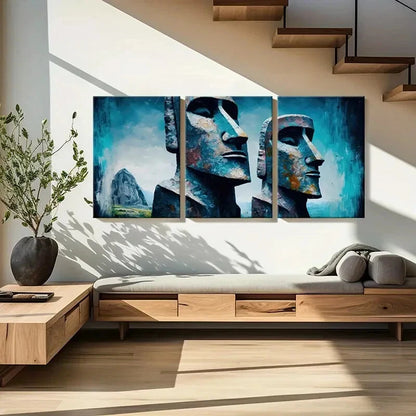 3pcs Abstract Moai Statues Art Blue Tones Textured Metal Print Ready to Hang Art