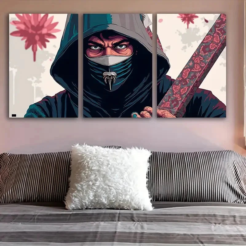 3pcs Hooded Figure With Sword And Floral Design Wall Art Set Canvas Framed 50x70cm - High Quality Print 100% Australian Made Wall Canvas Ready to Hang