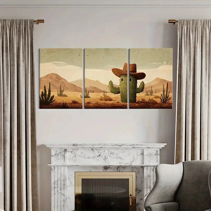 3pcs Desert Landscape Cowboy Hat Cactus Mountain Metal Print Ready to Hang Art