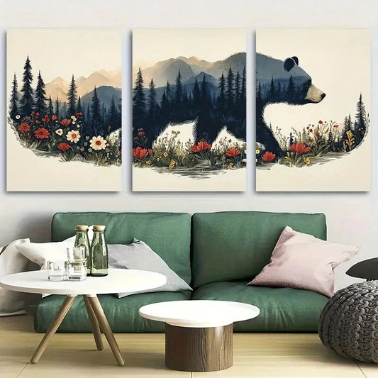 3pcs Bear-Themed Scandinavian Linocut Design Metal Print Ready to Hang Art