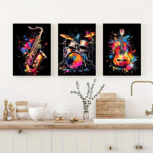 3pcs Musical Instruments Painting Metal Print Ready to Hang Art