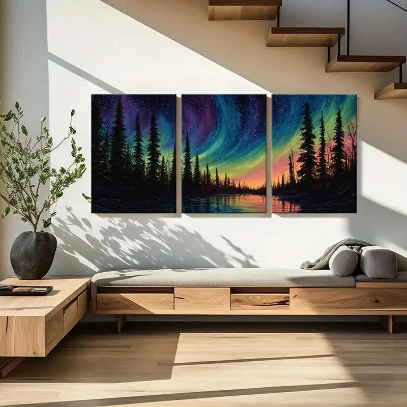 3pcs Northern Lights Forest Silhouette Aurora Metal Print Ready to Hang Art