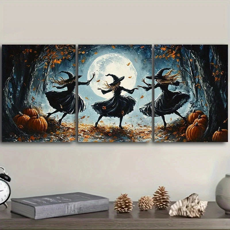 3pcs Whimsical Witches Dancing Under Full Moon Metal Print Ready to Hang Art