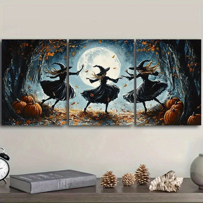 3pcs Whimsical Witches Dancing Under Full Moon Metal Print Ready to Hang Art
