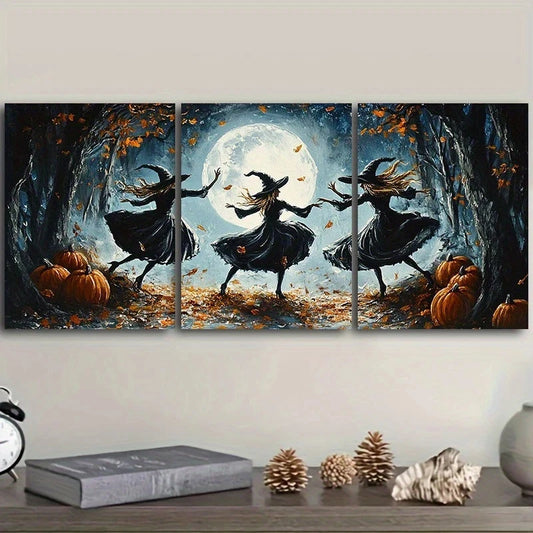 3pcs Whimsical Witches Dancing Under Full Moon Metal Print Ready to Hang Art