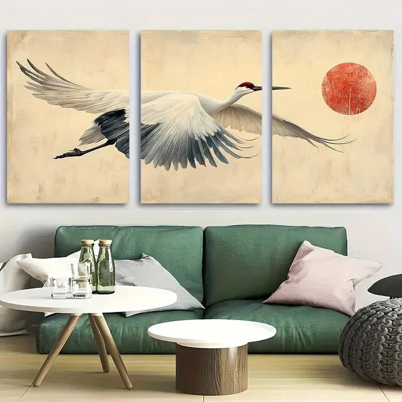 3pcs Japanese Crane & Moonlit Flight Metal Print Ready to Hang Art