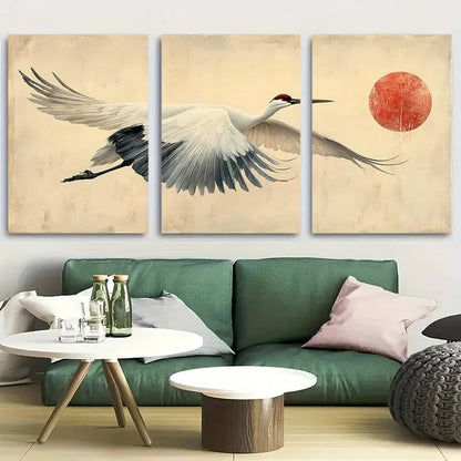 3pcs Japanese Crane & Moonlit Flight Metal Print Ready to Hang Art