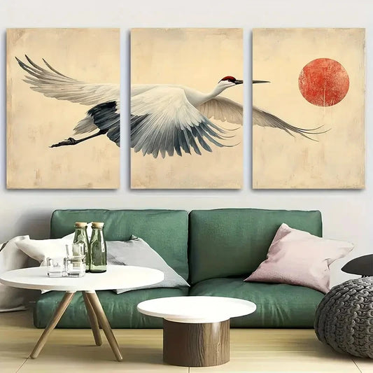 3pcs Japanese Crane & Moonlit Flight Metal Print Ready to Hang Art