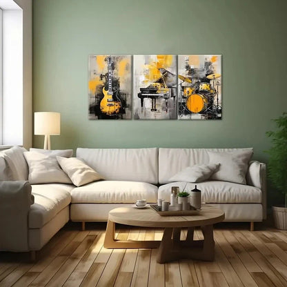 3pcs Black and Golden Guitar Piano Drum Metal Print Ready to Hang Art