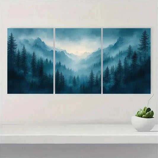3pcs Misty Blue & Emerald Green Mountain Landscape Metal Print Ready to Hang Art