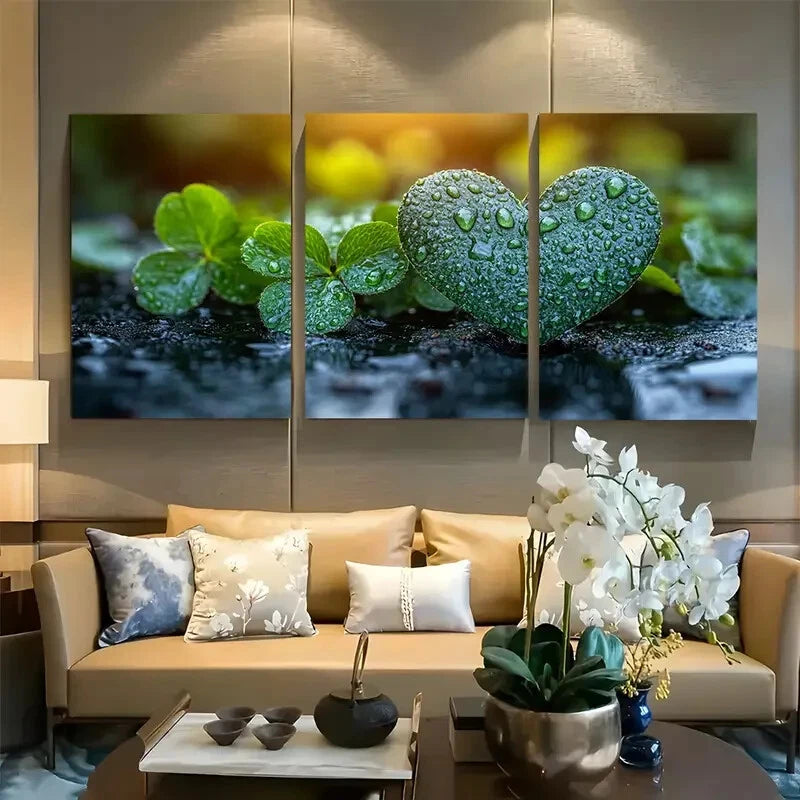 3pcs Green Clover Heart with Water Droplet Design Metal Print Ready to Hang Art