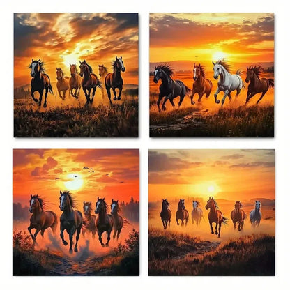 4pcs Majestic Horses in Sunset Galloping Wall Art Canvas Framed