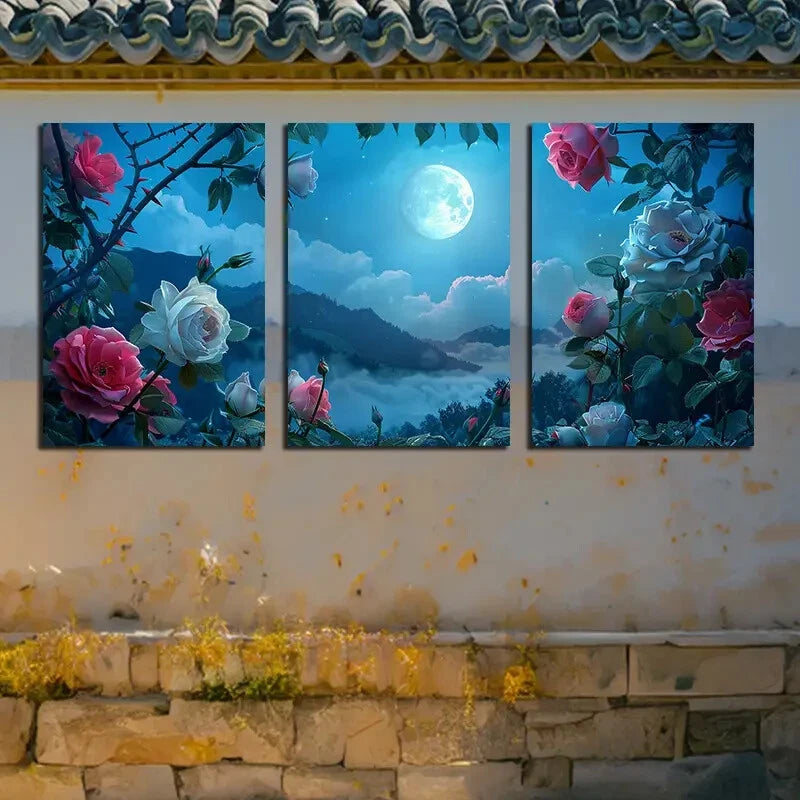 3pcs Beautiful Roses and Moon Night Design Metal Print Ready to Hang Art