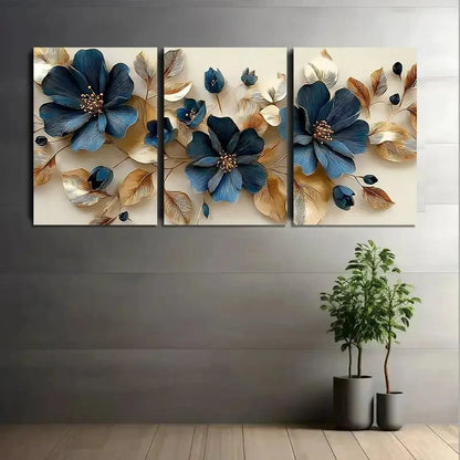 3pcs Dark Blue Flowers with Golden Leaves Metal Print Ready to Hang Art