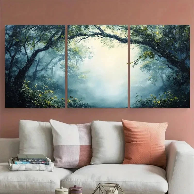 3pcs Tranquil Misty Woodland Serene Greenery Metal Print Ready to Hang Art