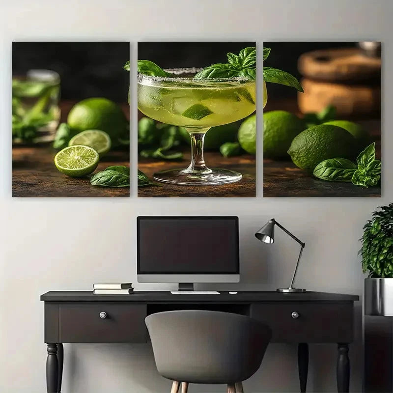 3pcs Fresh Basil Zesty Limes Gin Cocktail Metal Print Ready to Hang Art