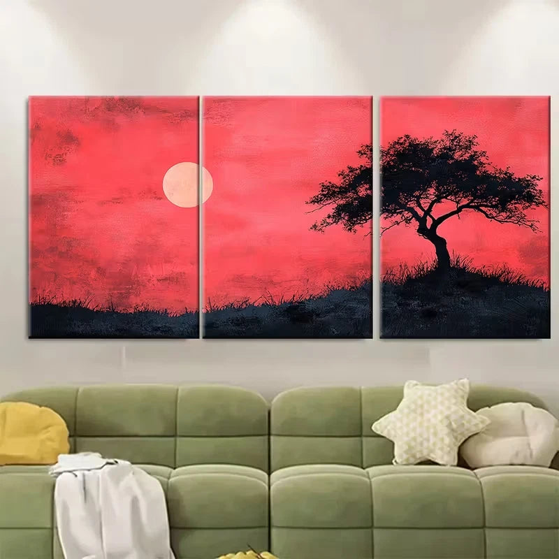 3pcs Abstract Pink Sky with Black Tree Silhouette Metal Print Ready to Hang Art