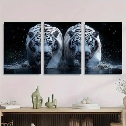 3pcs White Tigers Black Backg Animal Themed Metal Print Ready to Hang Art