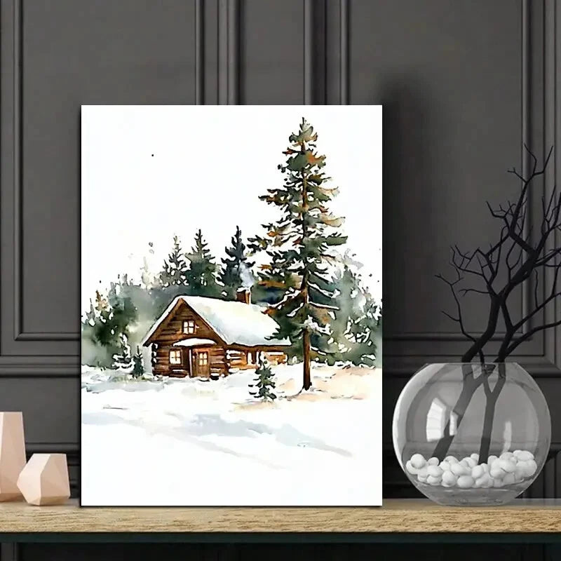 Snowy Cabin in Woods with Pine Trees Watercolor 40x60cm Metal Print Ready to Hang