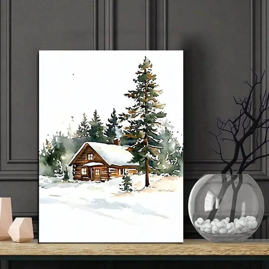 Snowy Cabin in Woods with Pine Trees Watercolor 40x60cm Metal Print Ready to Hang