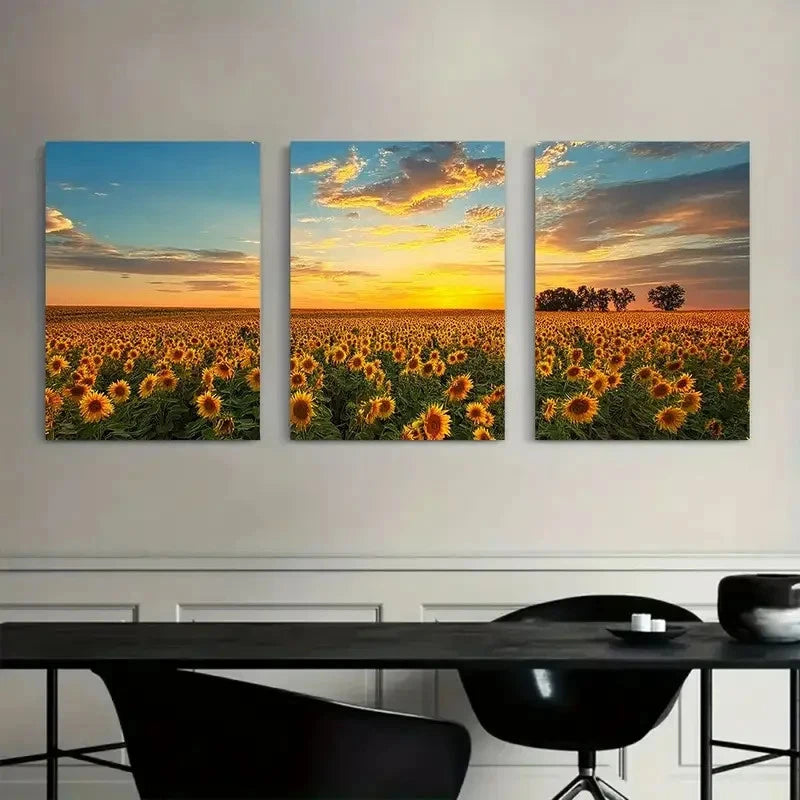 3pcs Vibrant Field of Sunflowers Under Sunset Metal Print Ready to Hang Art