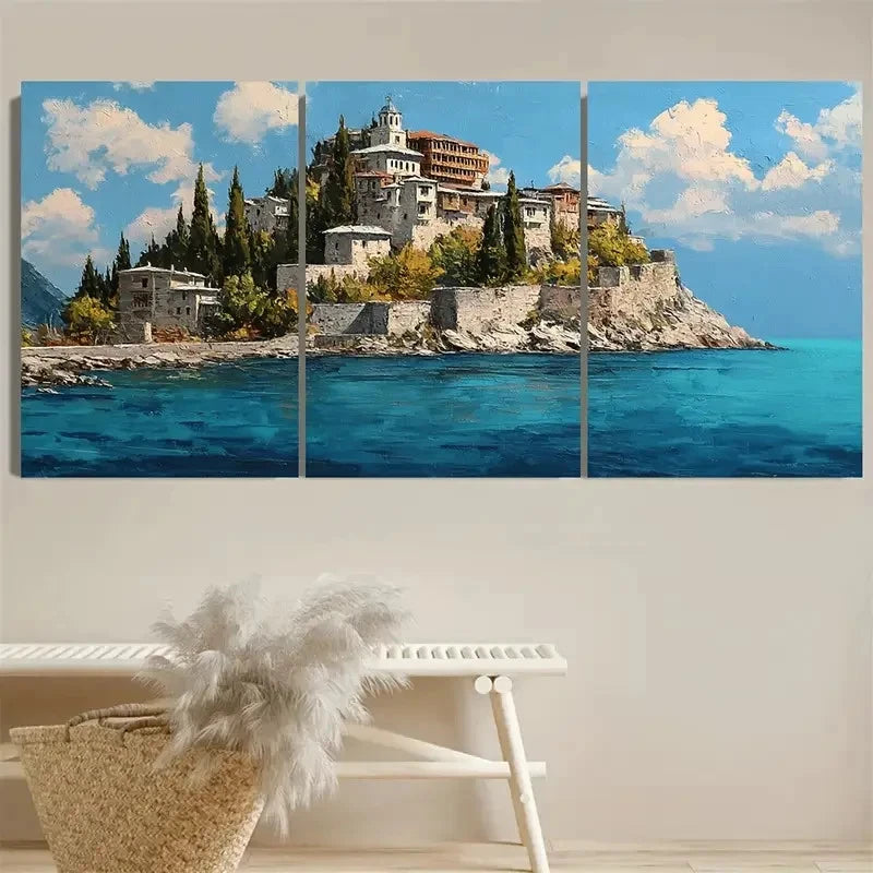 3pcs A Small Island With A Castle On Top Wall Art Set Canvas Framed 50x70cm - High Quality Print 100% Australian Made Wall Canvas Ready to Hang