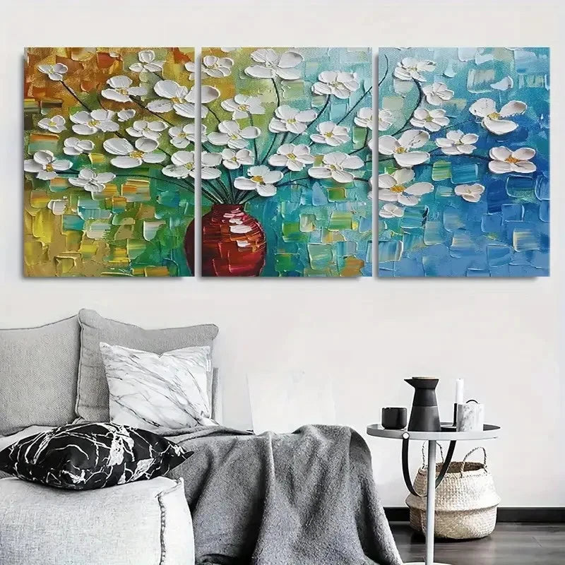 3pcs Vibrant White Flowers in Vase with Green Metal Print Ready to Hang Art