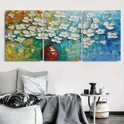 3pcs Vibrant White Flowers in Vase with Green Metal Print Ready to Hang Art