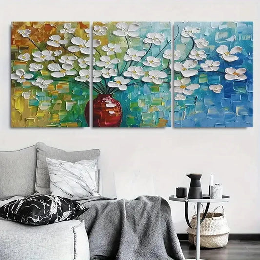 3pcs Vibrant White Flowers in Vase with Green Metal Print Ready to Hang Art