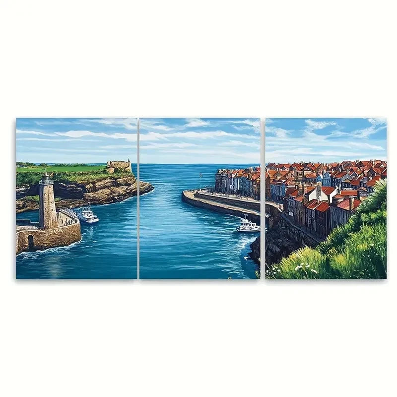 3pcs Harbor town and lighthouse & blue sky Wall Wall Art Set Canvas Framed 40x60cm - High Quality Print 100% Australian Made Wall Canvas Ready to Hang