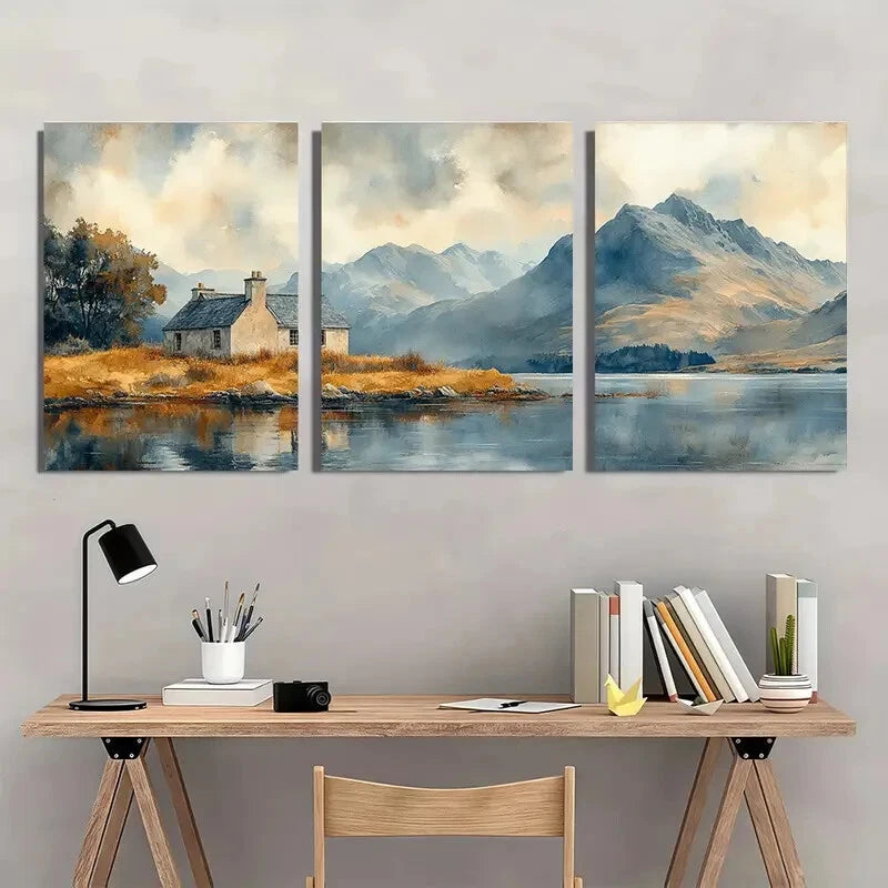 3pcs Glen Coe Landscape with Old Cottage Metal Print Ready to Hang Art